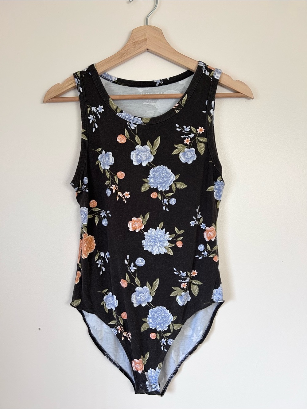 American Eagle Black Floral Sleeveless Crew Neck Bodysuit Tank Top Medium M